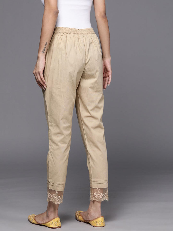Beige Solid Cotton Trousers