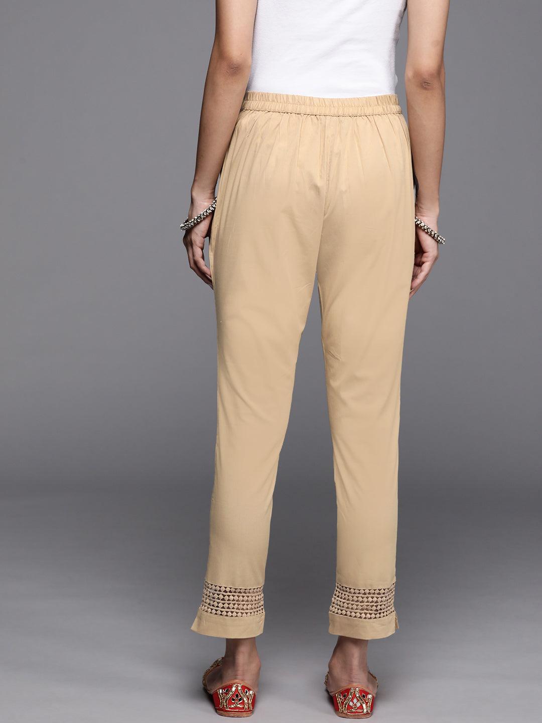 Beige Solid Cotton Trousers - ShopLibas