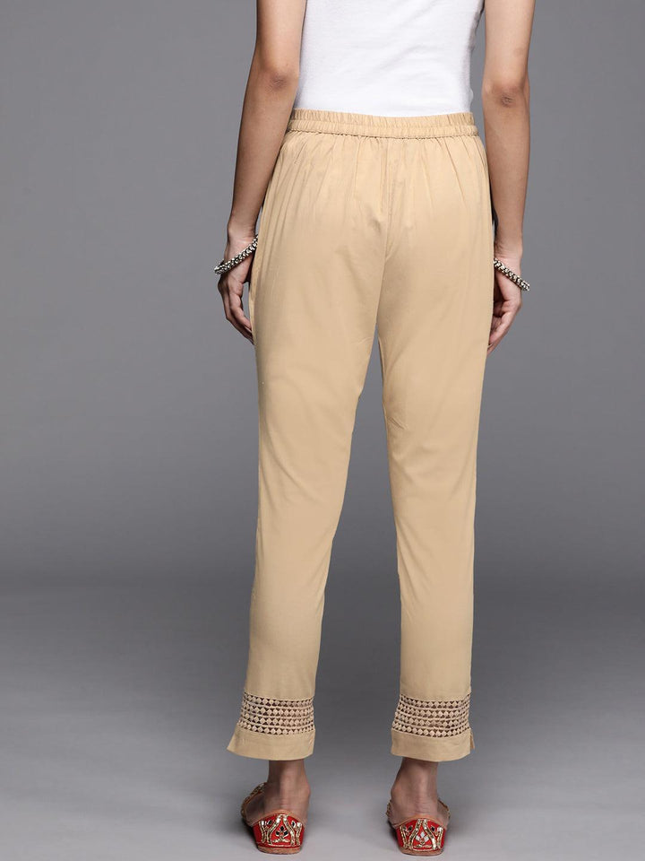 Beige Solid Cotton Trousers