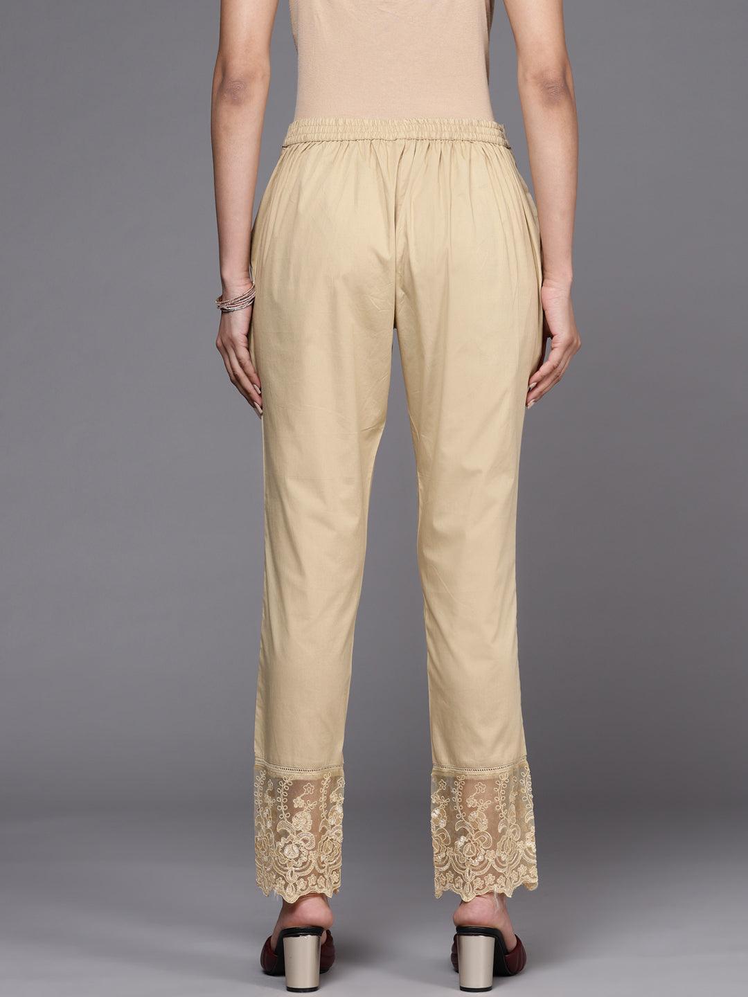 Beige Solid Cotton Trousers - ShopLibas