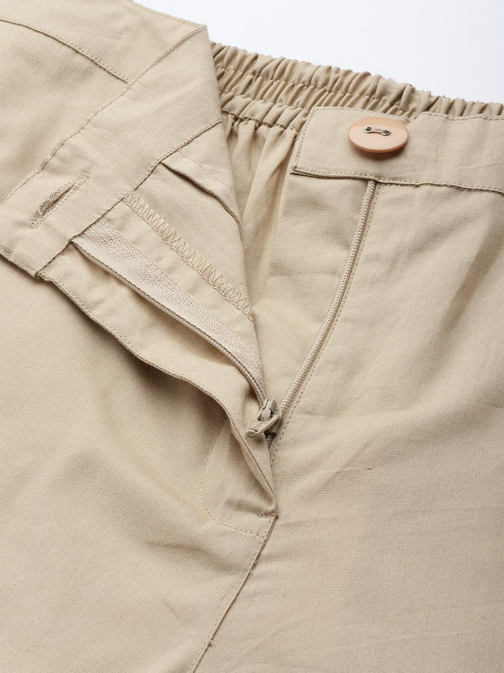 Beige Solid Cotton Trousers