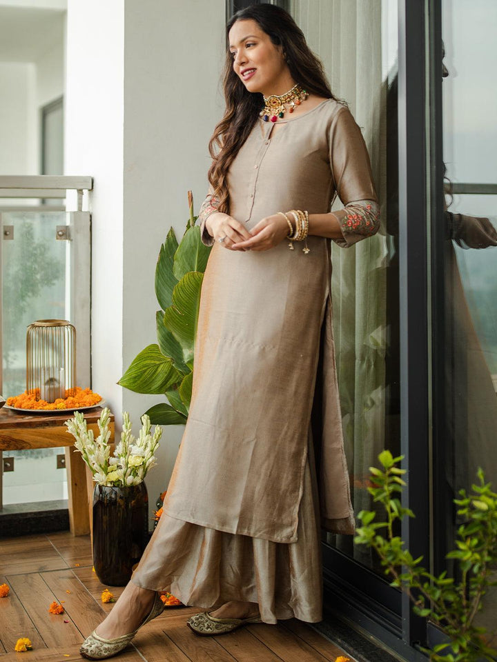 Beige Solid Silk Kurta