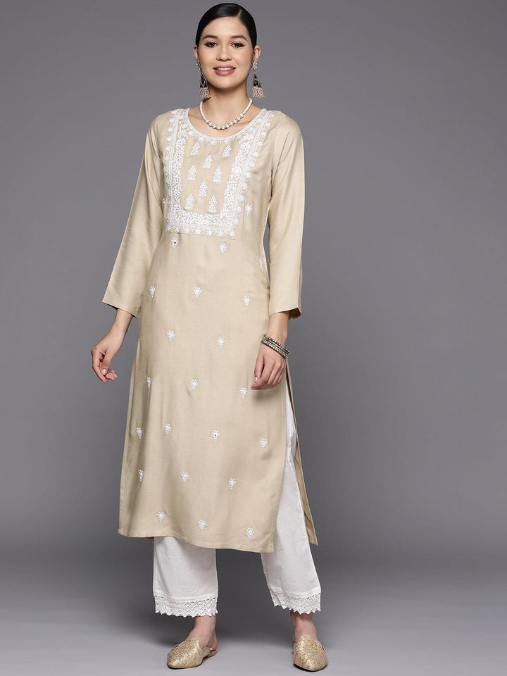 Beige Yoke Design Wool Straight Kurta