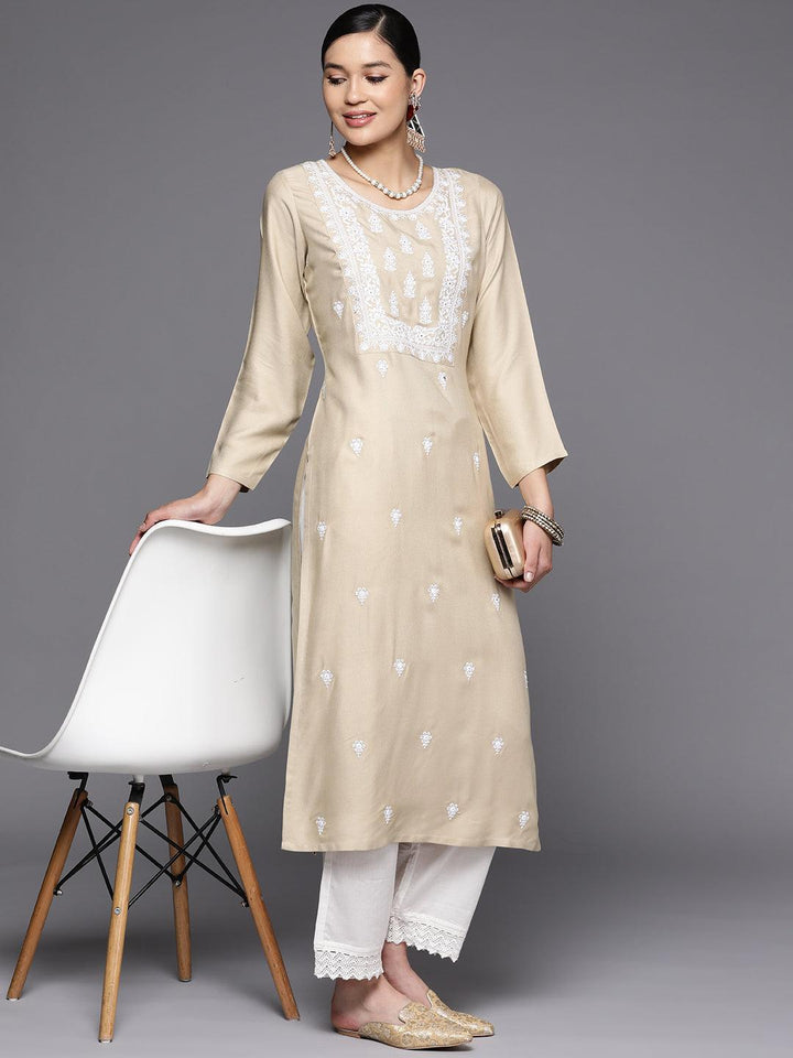 Beige Yoke Design Wool Straight Kurta