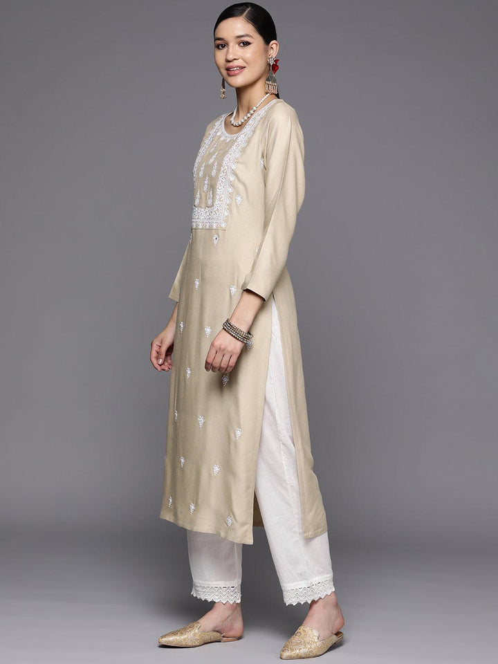 Beige Yoke Design Wool Straight Kurta
