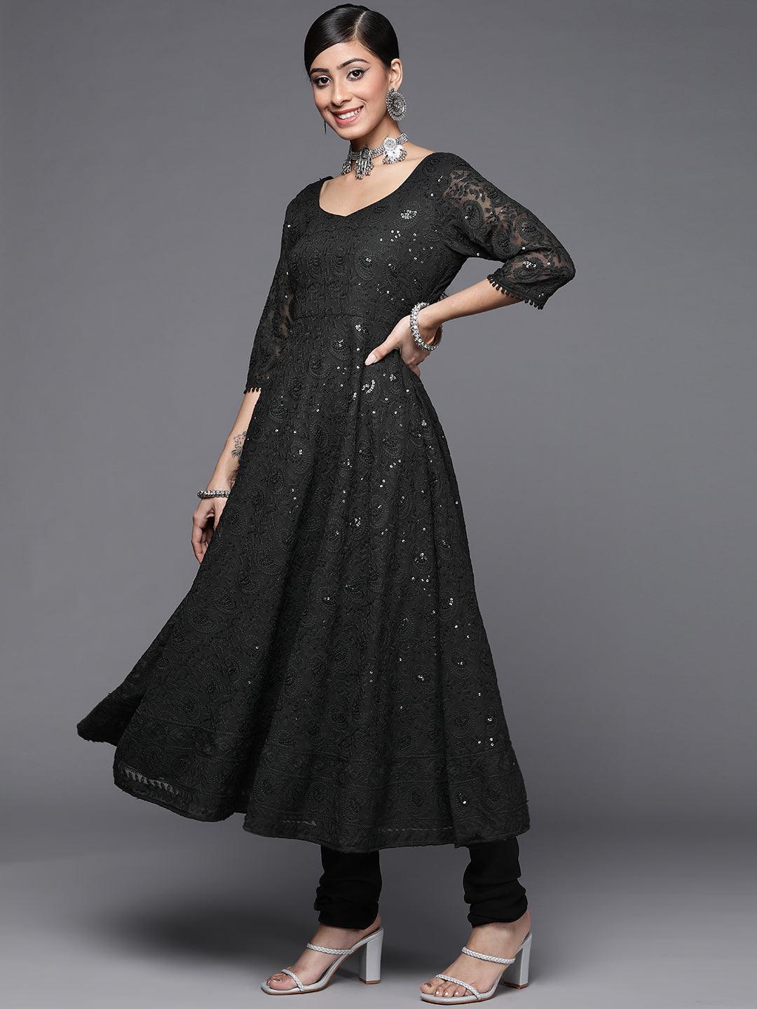 Black Embroidered Georgette Anarkali Suit Set - ShopLibas
