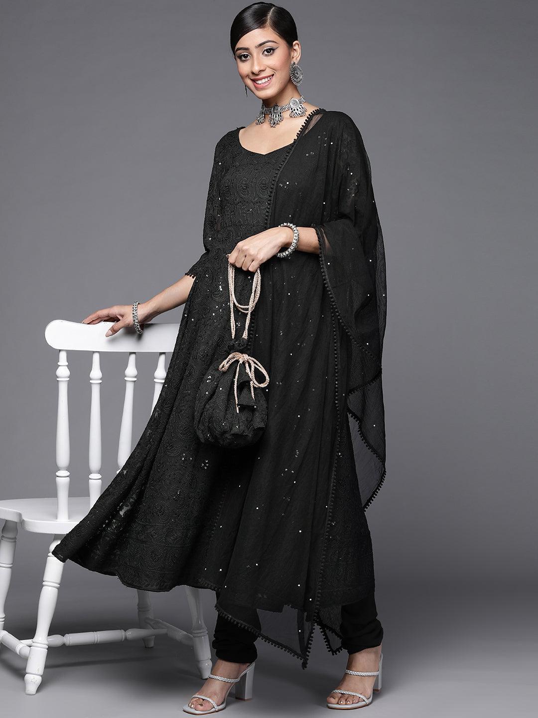 Black Embroidered Georgette Anarkali Suit Set - ShopLibas