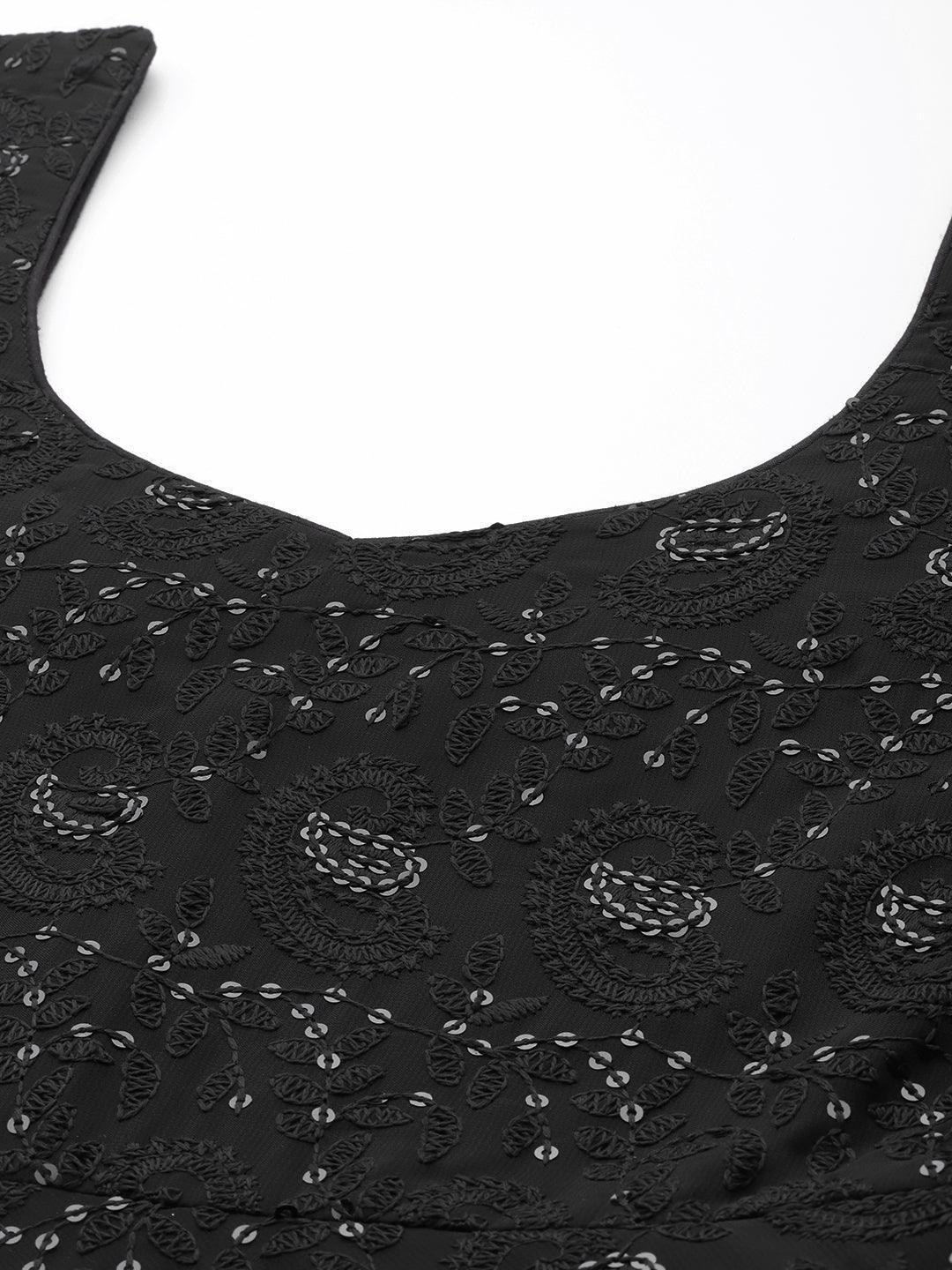 Black Embroidered Georgette Anarkali Suit Set - ShopLibas