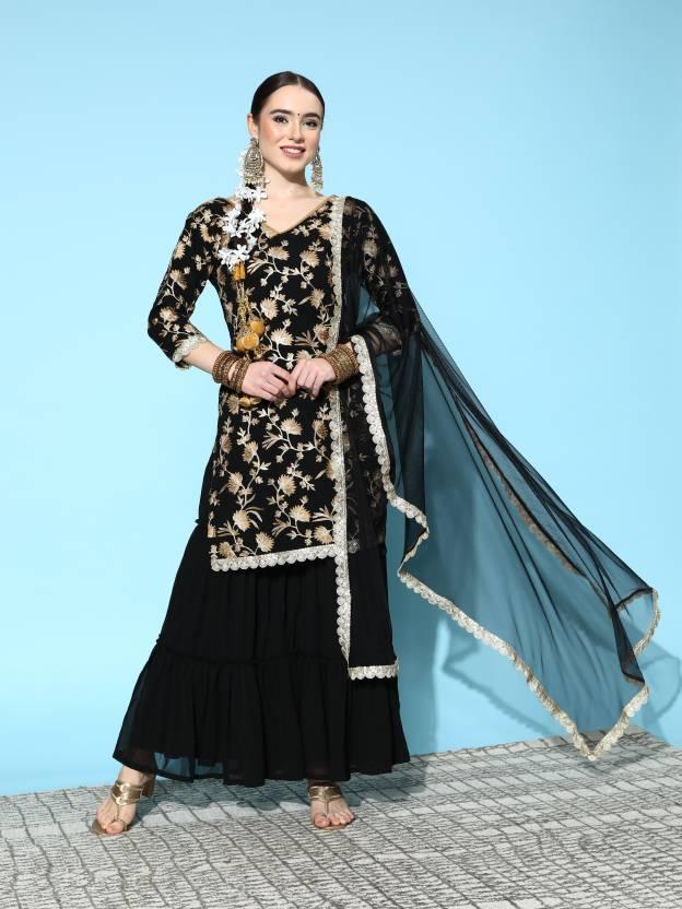 Black Embroidered Georgette Straight Suit Set With Sharara and Potli