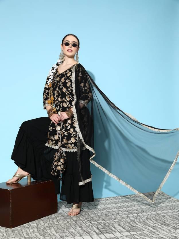 Black Embroidered Georgette Straight Suit Set With Sharara and Potli - ShopLibas