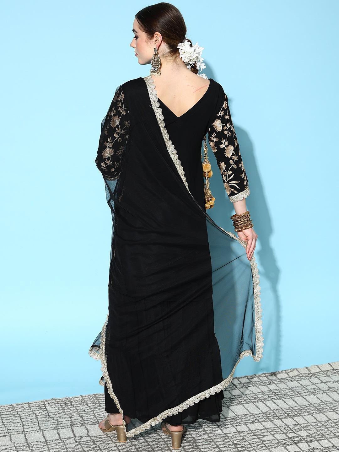Black Embroidered Georgette Straight Suit Set With Sharara and Potli - ShopLibas