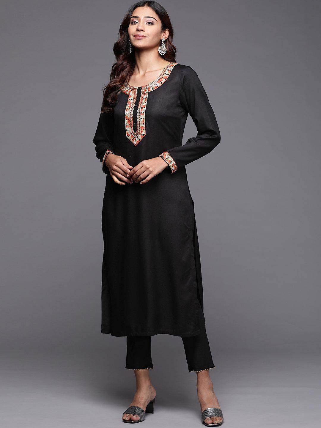 Black Embroidered Pashmina Wool Straight Kurta - Libas