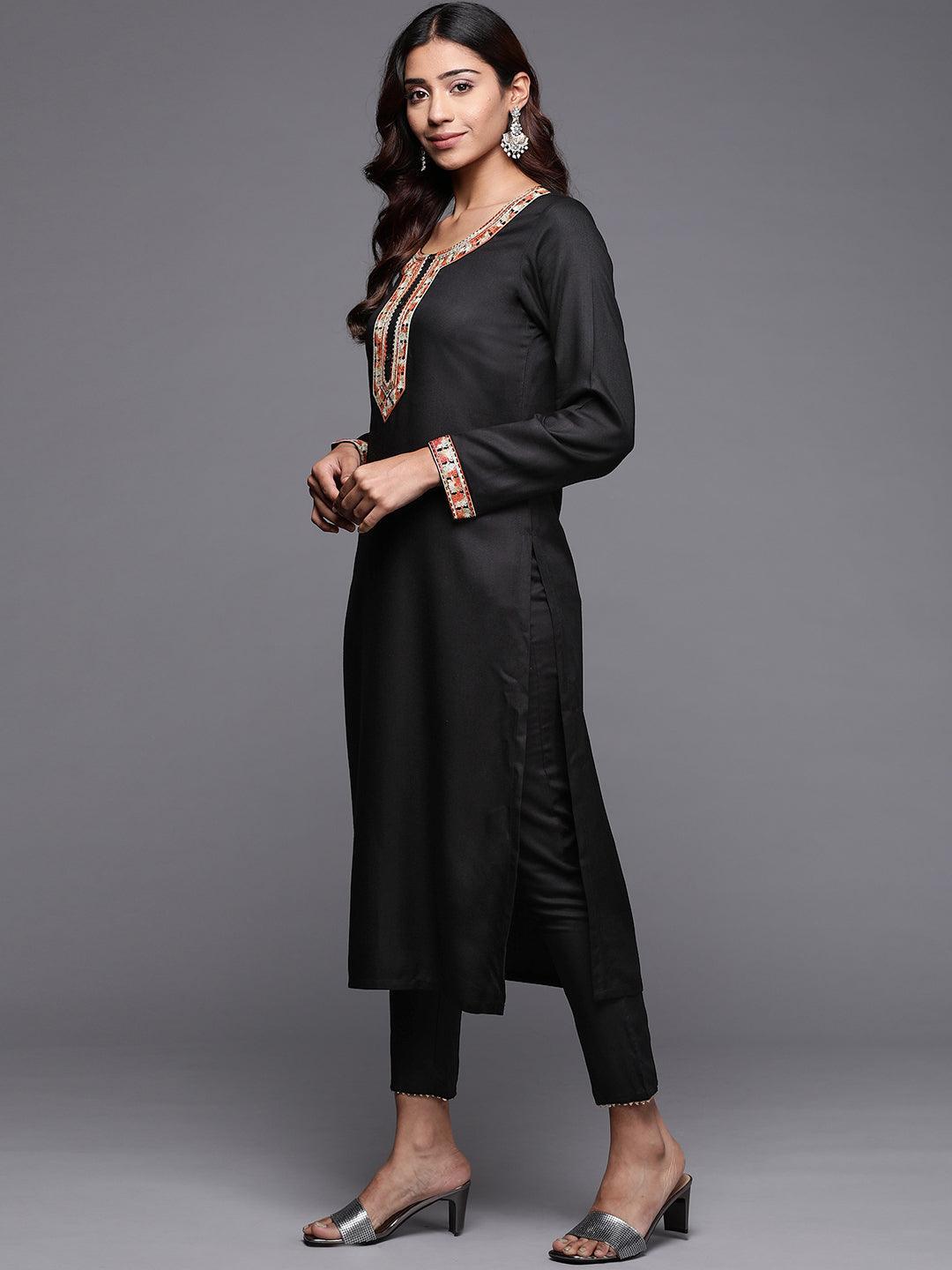 Black Embroidered Pashmina Wool Straight Kurta - Libas