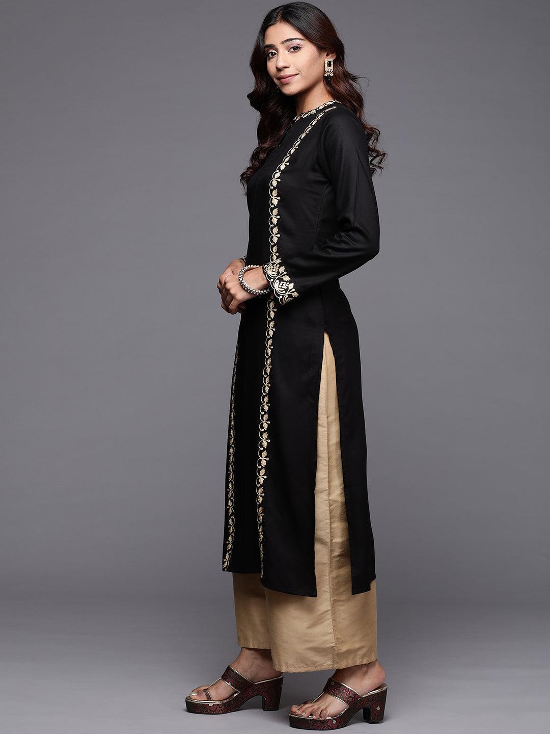 Black Embroidered Pashmina Wool Straight Kurta - Libas