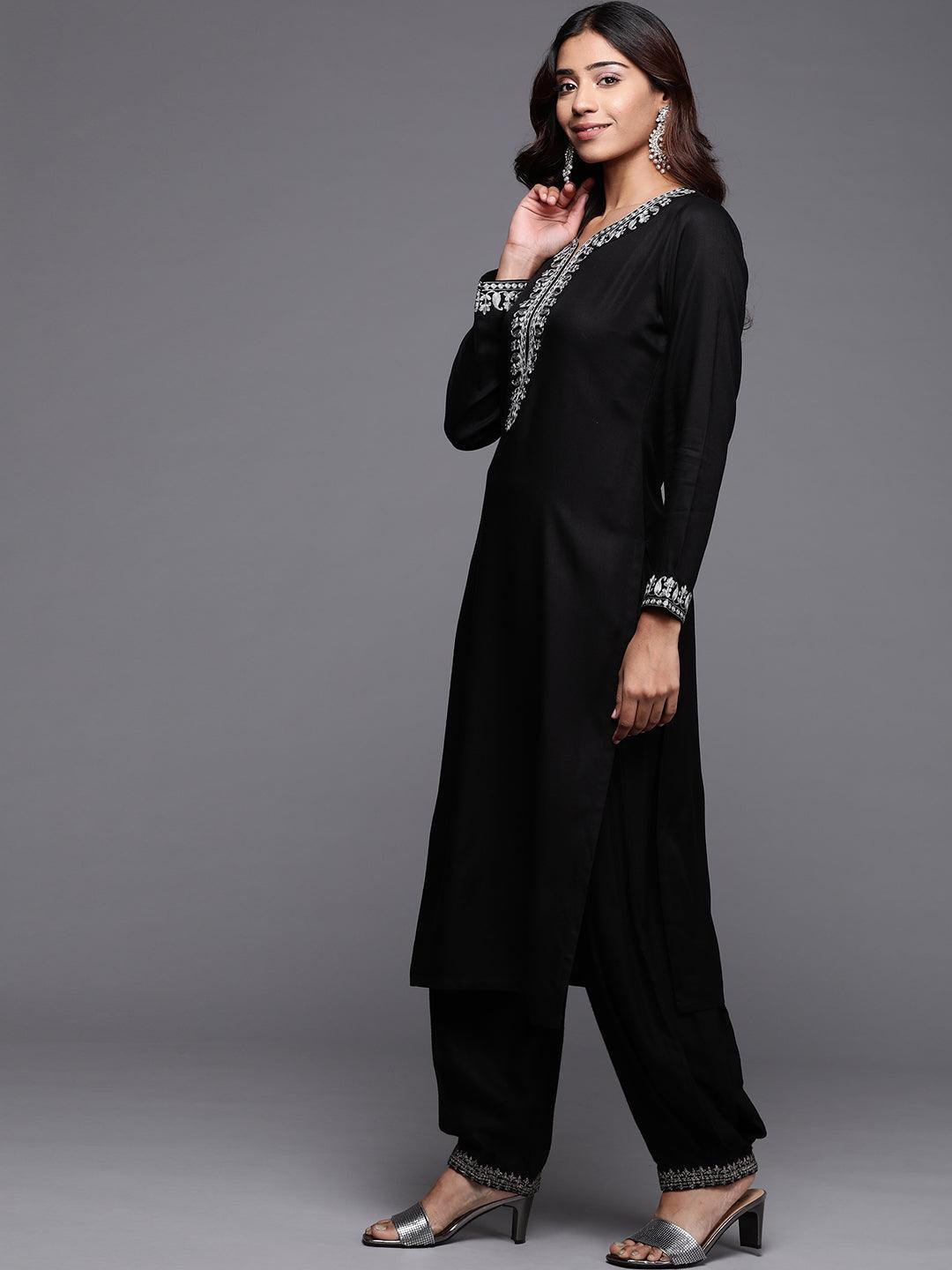 Black Embroidered Pashmina Wool Straight Kurta - Libas