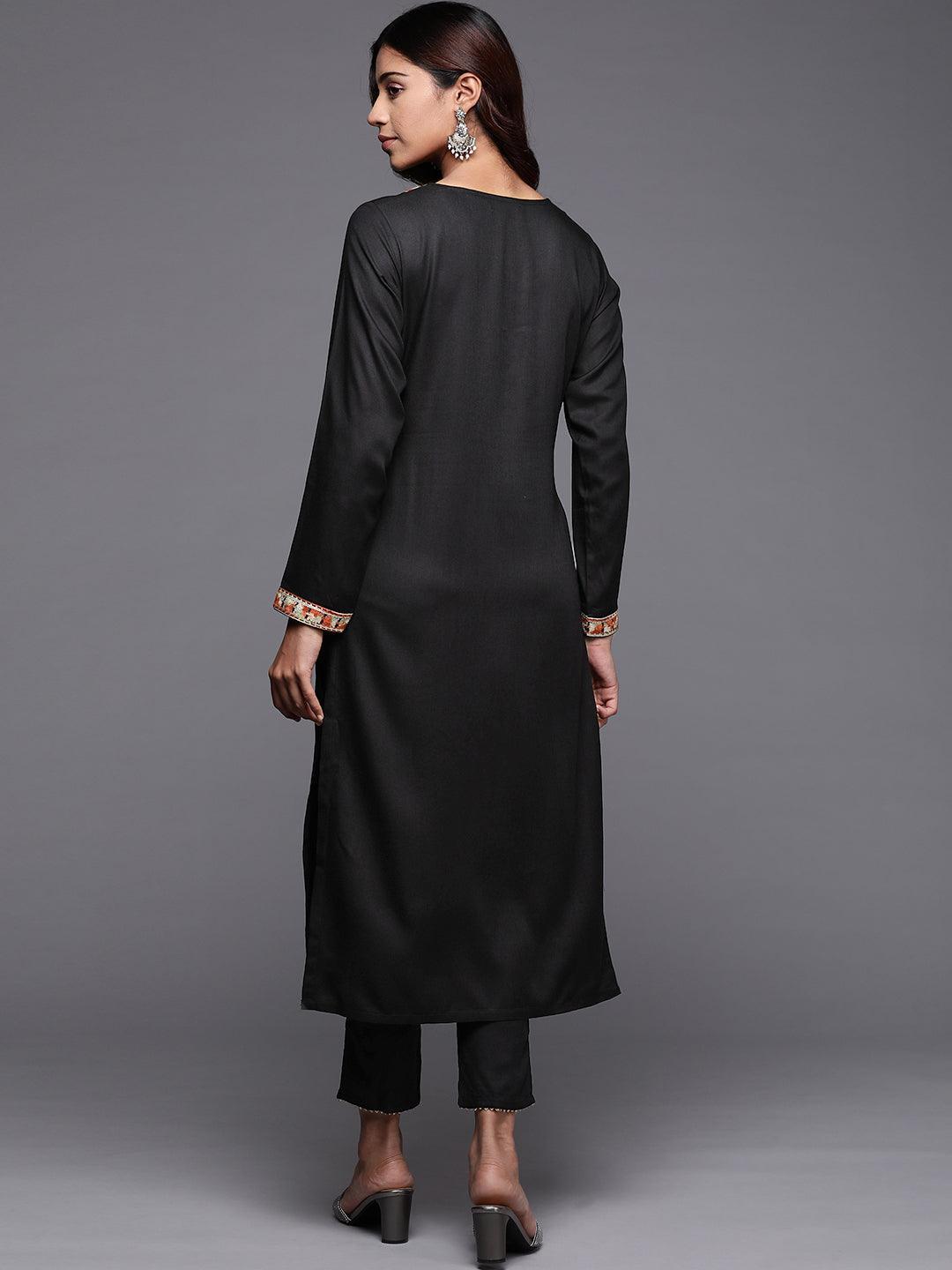 Black Embroidered Pashmina Wool Straight Kurta - Libas