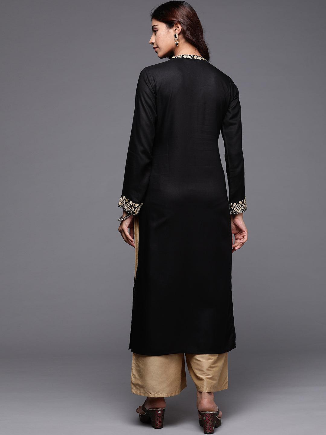 Black Embroidered Pashmina Wool Straight Kurta - Libas