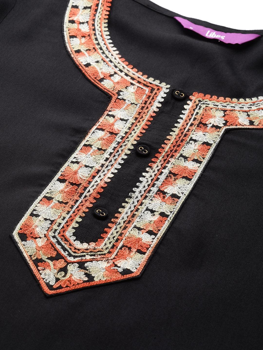 Black Embroidered Pashmina Wool Straight Kurta - Libas