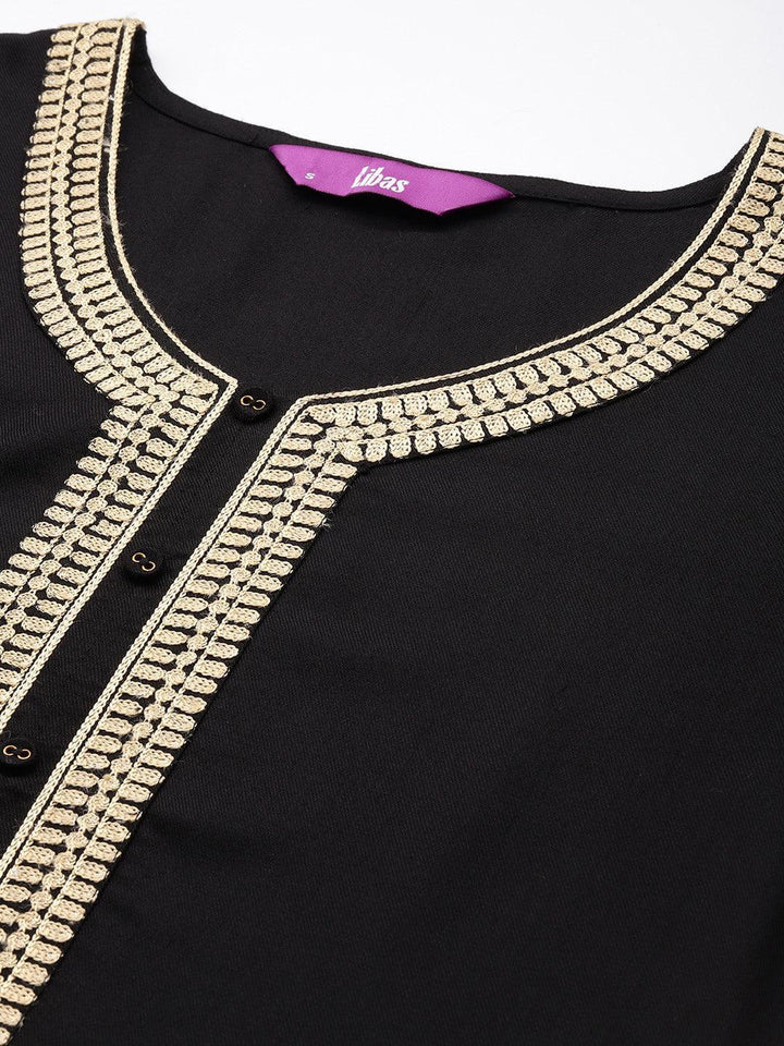 Black Embroidered Pashmina Wool Straight Kurta