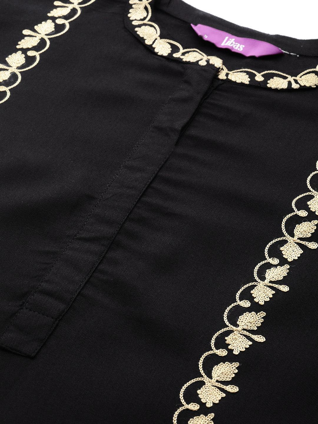 Black Embroidered Pashmina Wool Straight Kurta - Libas
