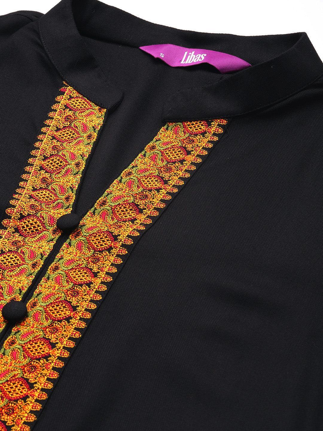 Black Embroidered Pashmina Wool Straight Kurta - Libas
