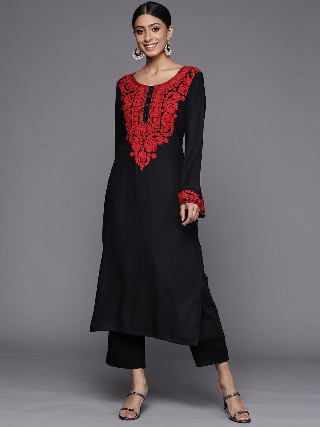 Black Embroidered Rayon Kurta - ShopLibas