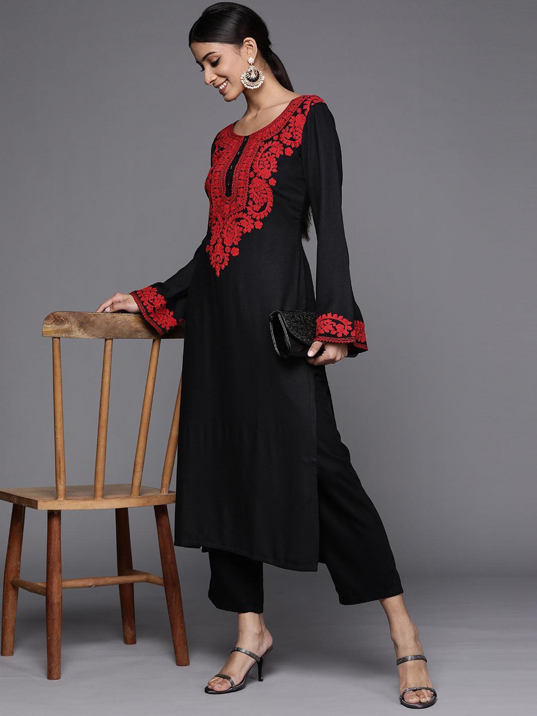 Black Embroidered Rayon Kurta - ShopLibas