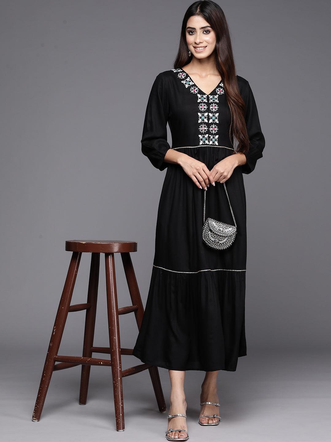 Black Embroidered Rayon Maxi Dress Black Embroidered Rayon Maxi Dress