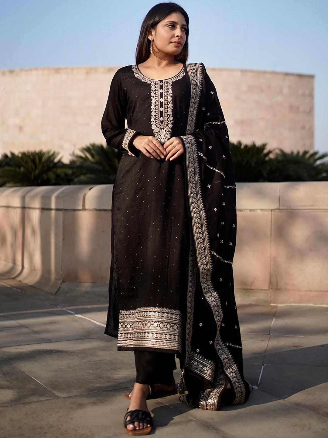 Black Embroidered Silk Blend Straight Suit Set - ShopLibas