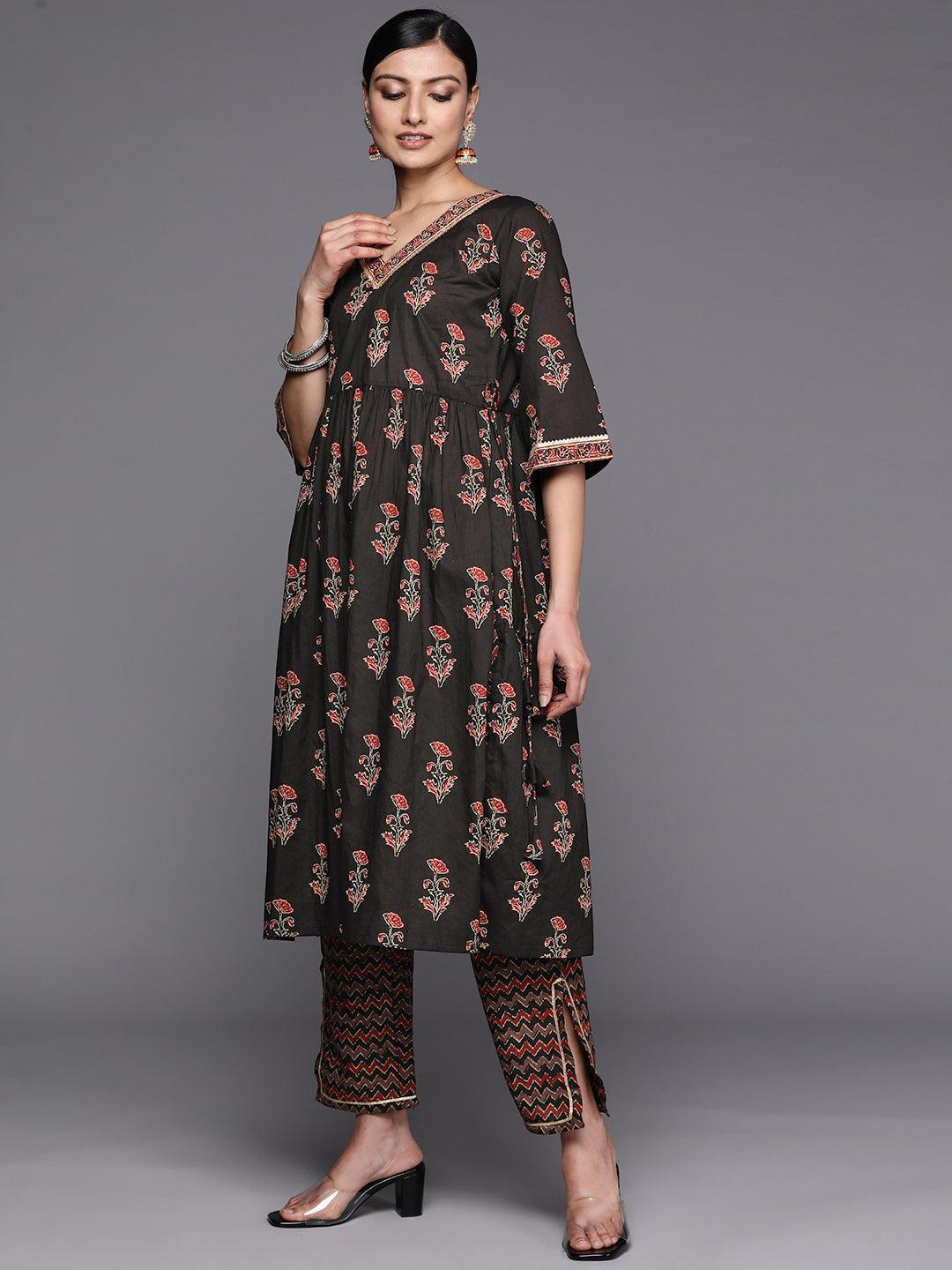 Black Printed Cotton A-Line Suit Set With Trousers - ShopLibas