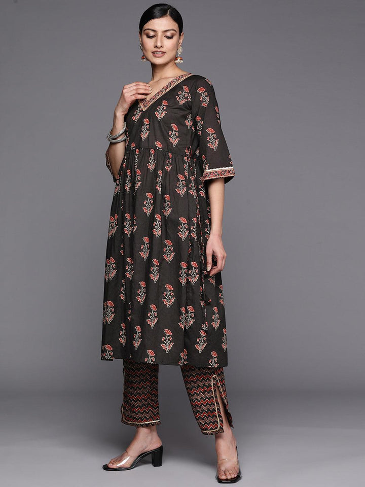 Black Printed Cotton A-Line Suit Set With Trousers
