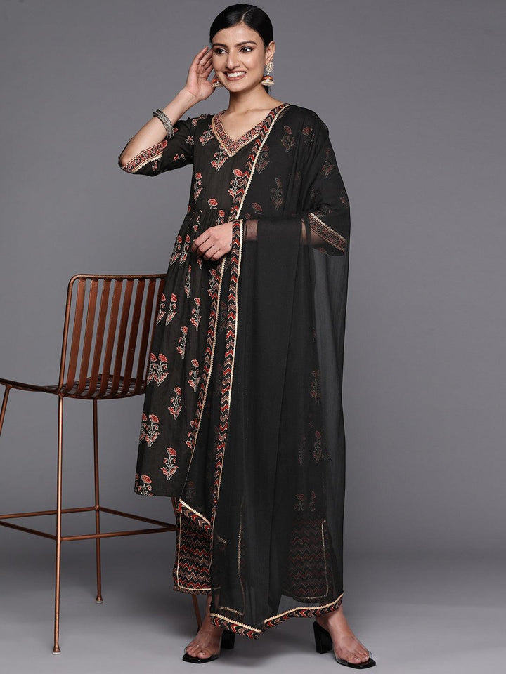 Black Printed Cotton A-Line Suit Set With Trousers