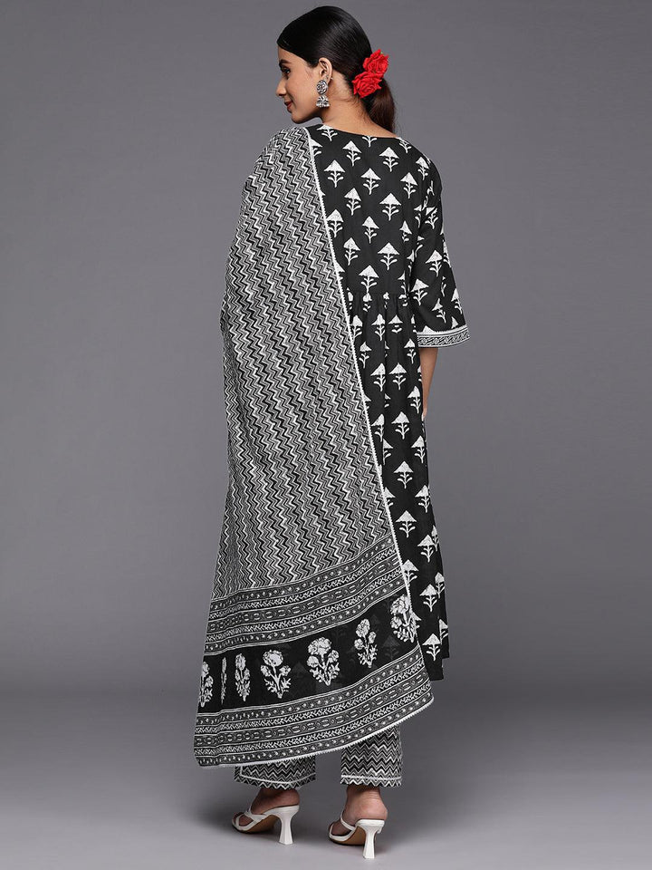 Black Printed Cotton A-Line Suit Set With Trousers