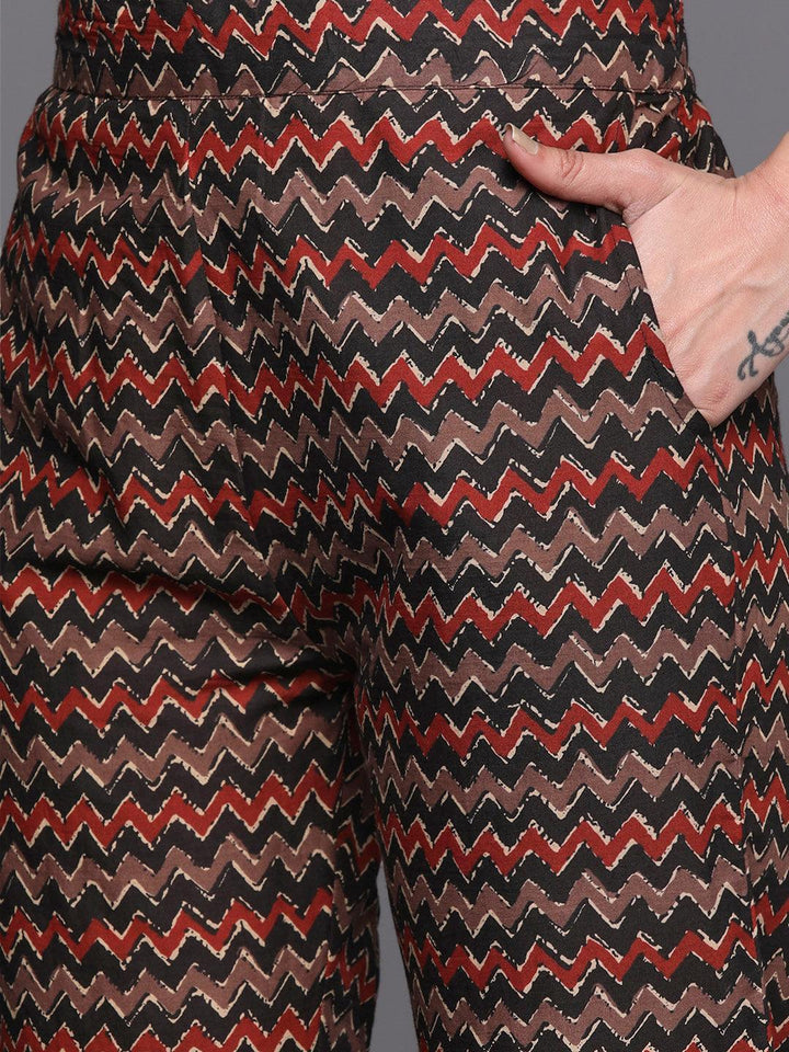 Black Printed Cotton A-Line Suit Set With Trousers