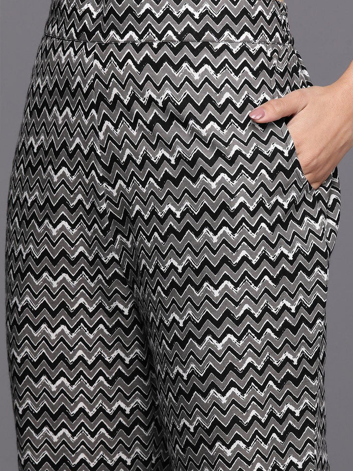 Black Printed Cotton A-Line Suit Set With Trousers