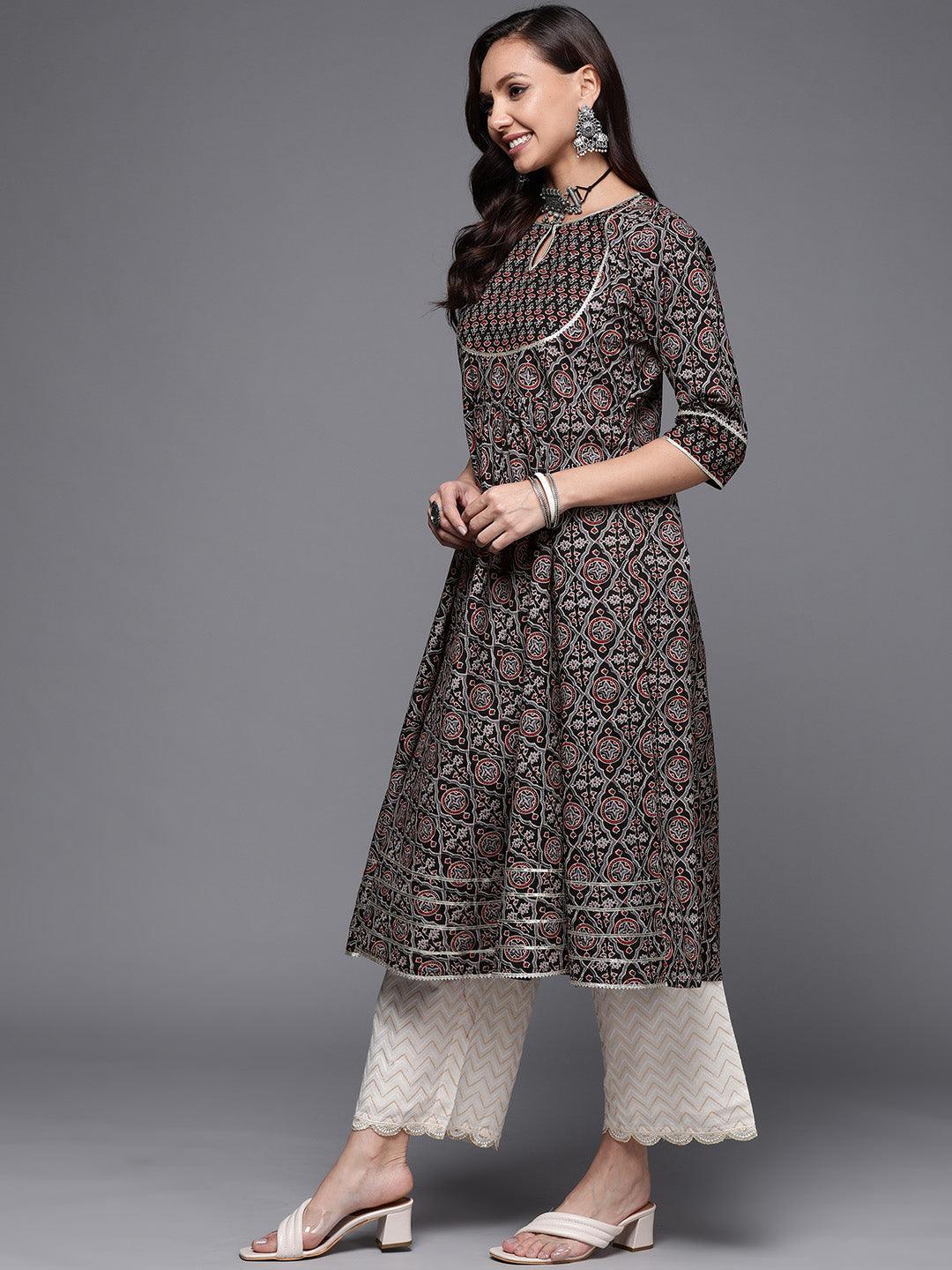 Black Printed Cotton Anarkali Kurta - ShopLibas