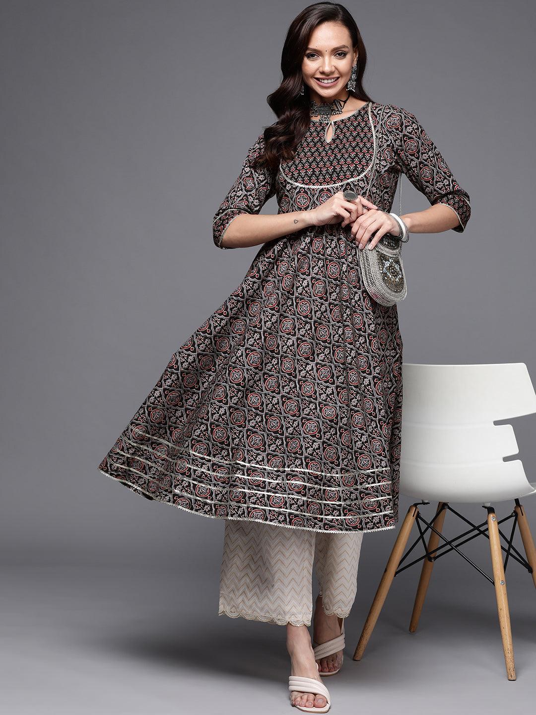 Black Printed Cotton Anarkali Kurta - ShopLibas