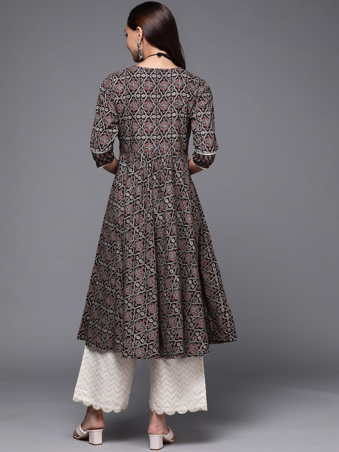 Black Printed Cotton Anarkali Kurta - ShopLibas