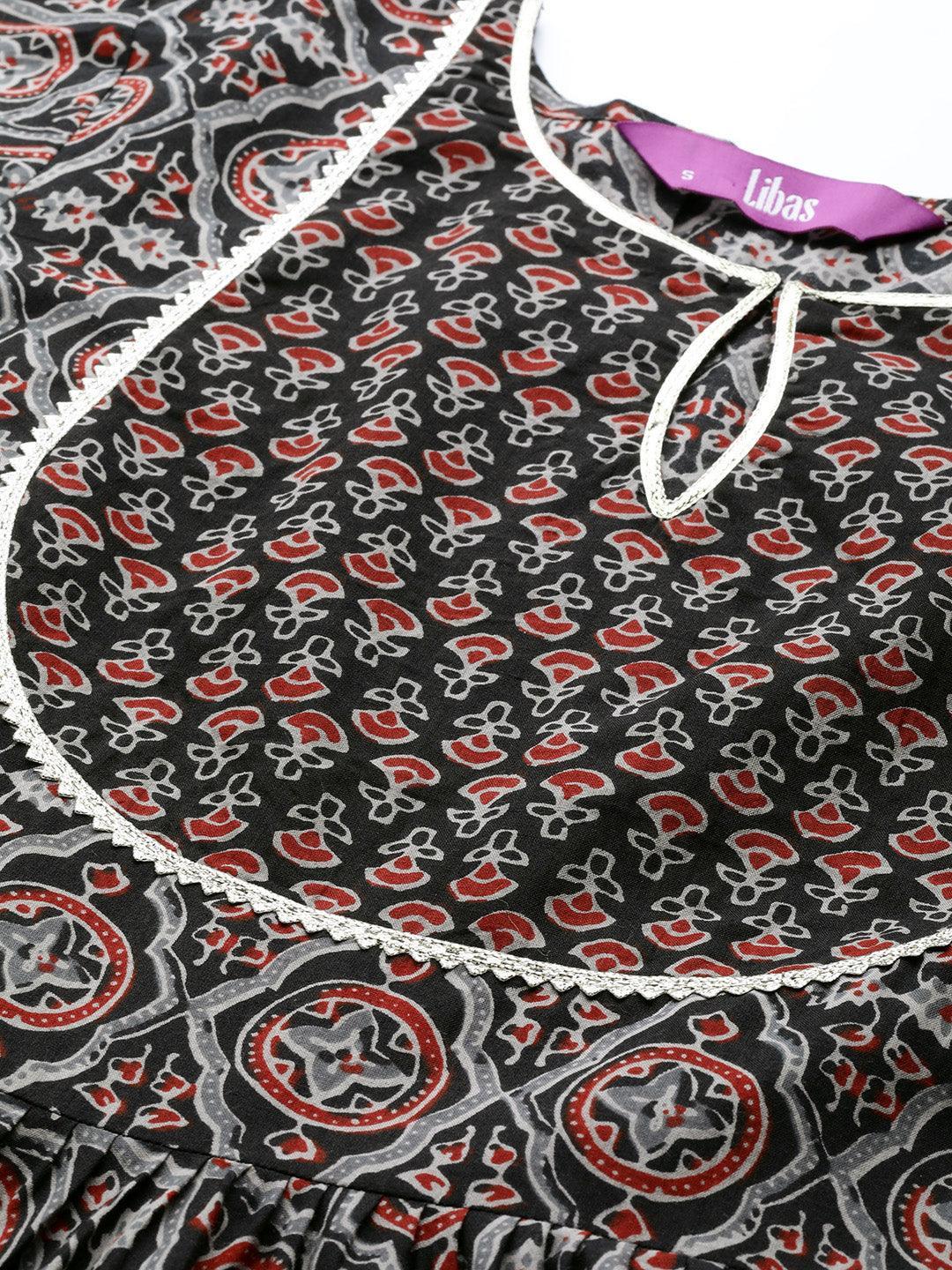 Black Printed Cotton Anarkali Kurta - ShopLibas