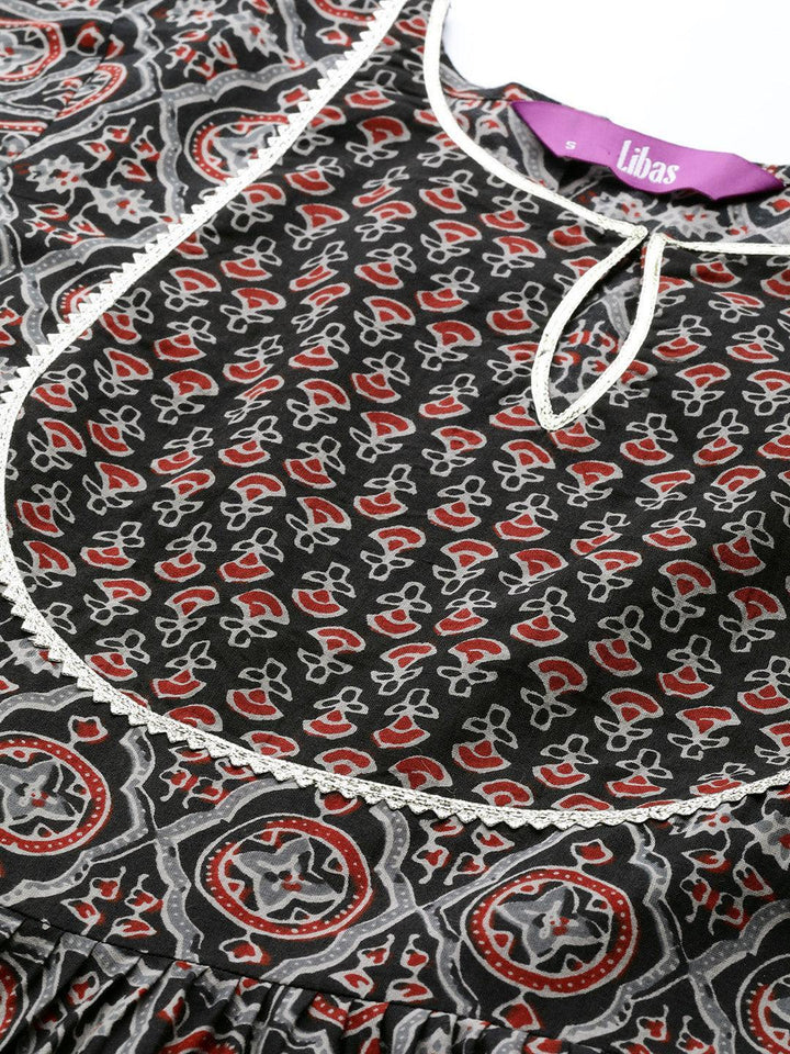 Black Printed Cotton Anarkali Kurta