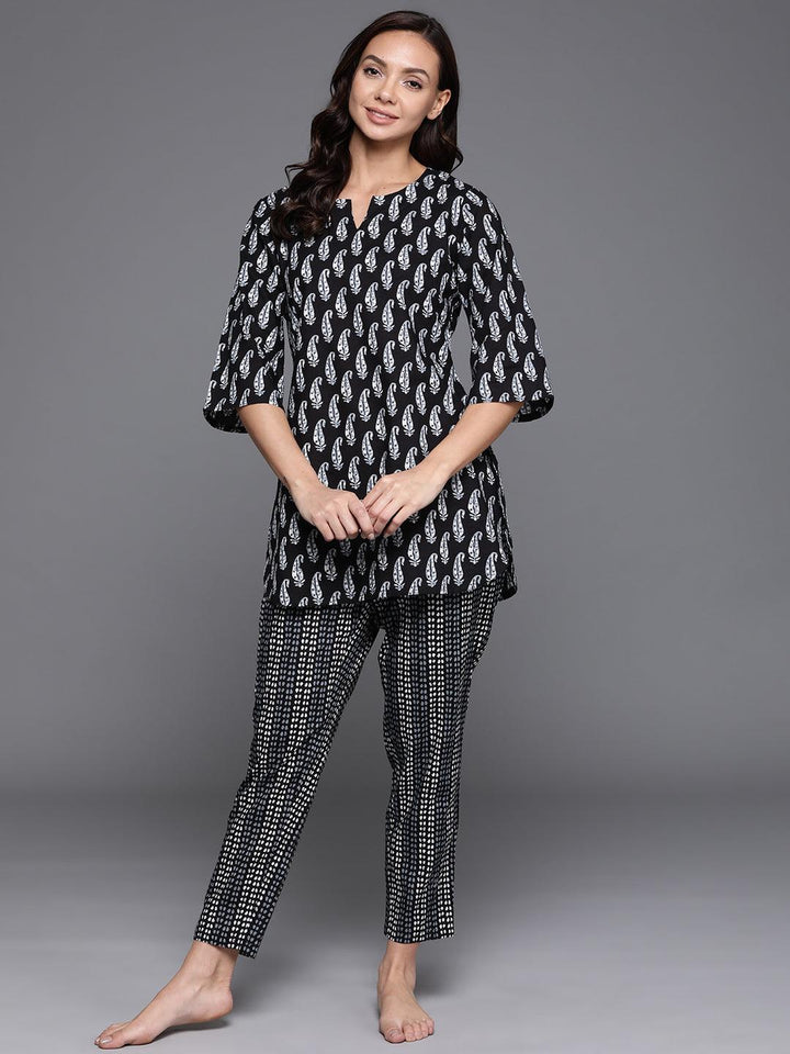 Black Printed Cotton Night Suit