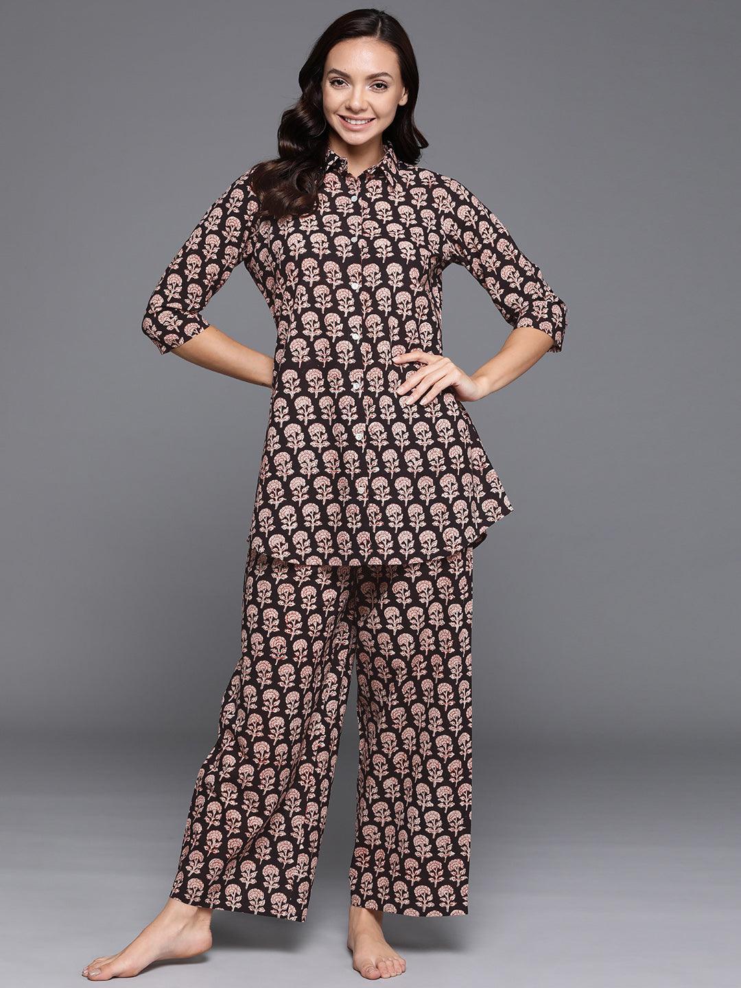 Black Printed Cotton Night Suit - ShopLibas