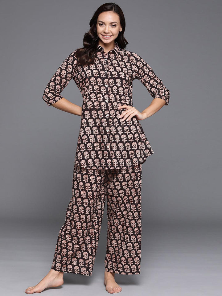 Black Printed Cotton Night Suit