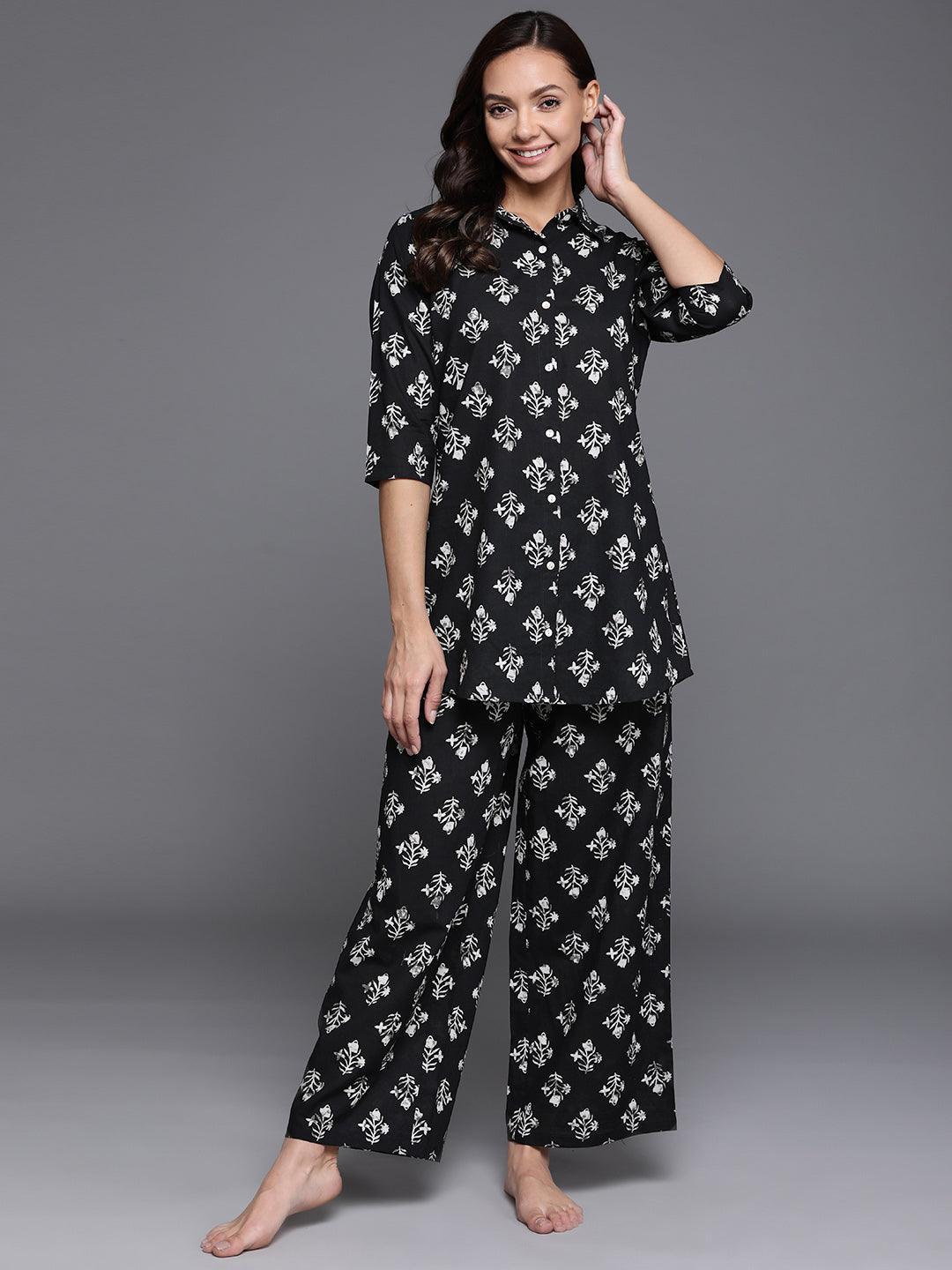 Black Printed Cotton Night Suit - ShopLibas