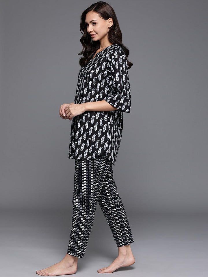 Black Printed Cotton Night Suit