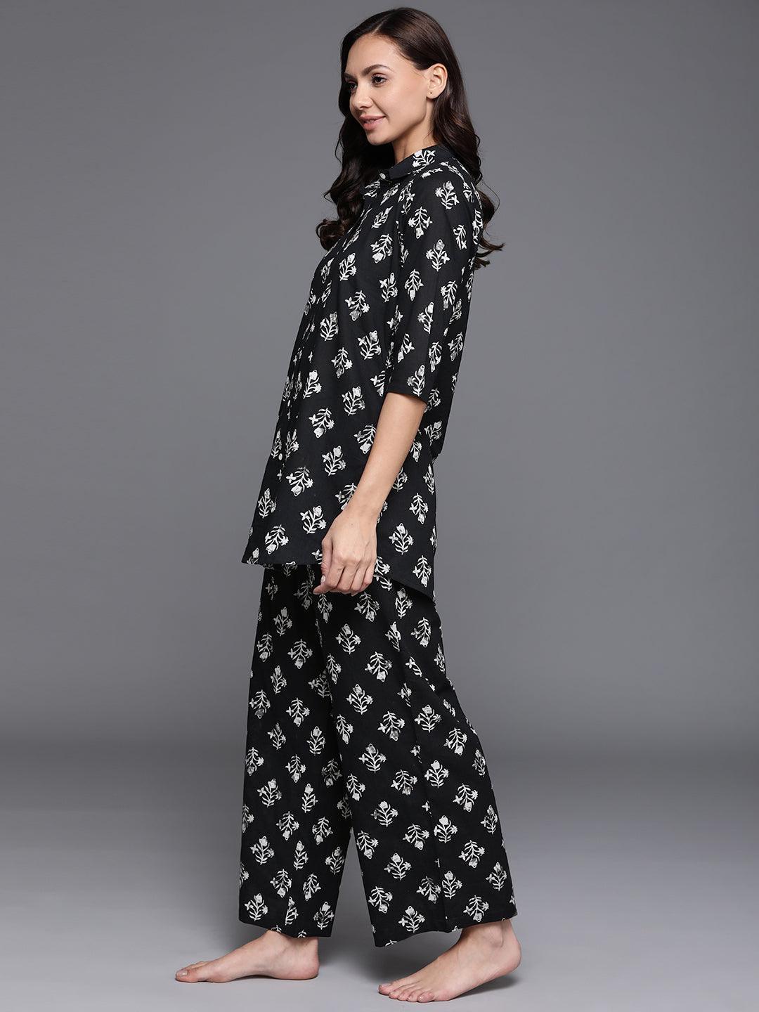 Black Printed Cotton Night Suit - ShopLibas