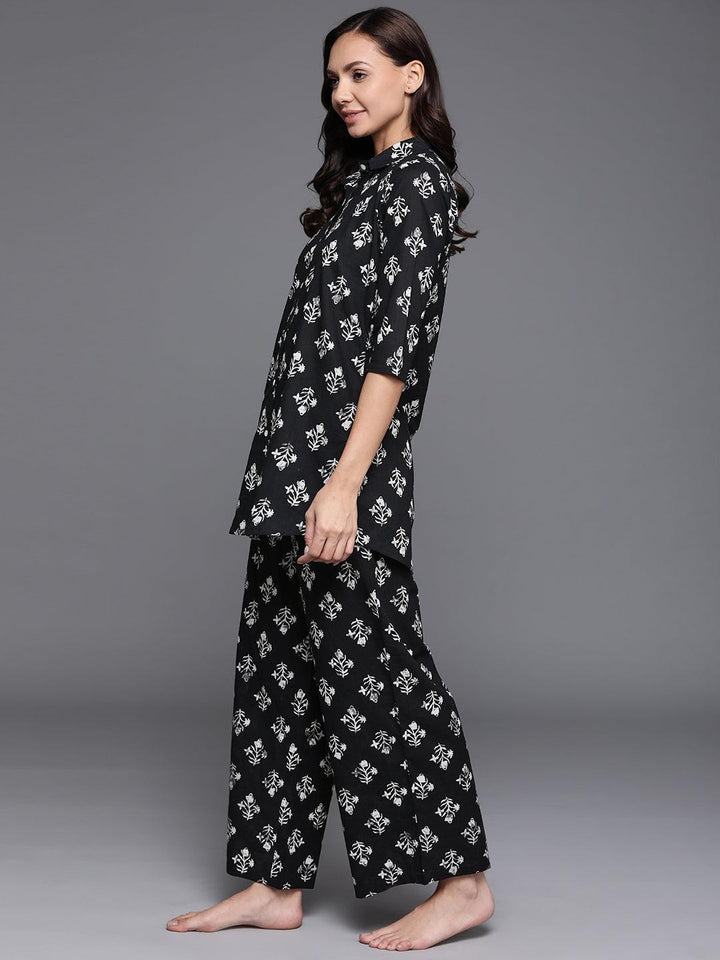 Black Printed Cotton Night Suit