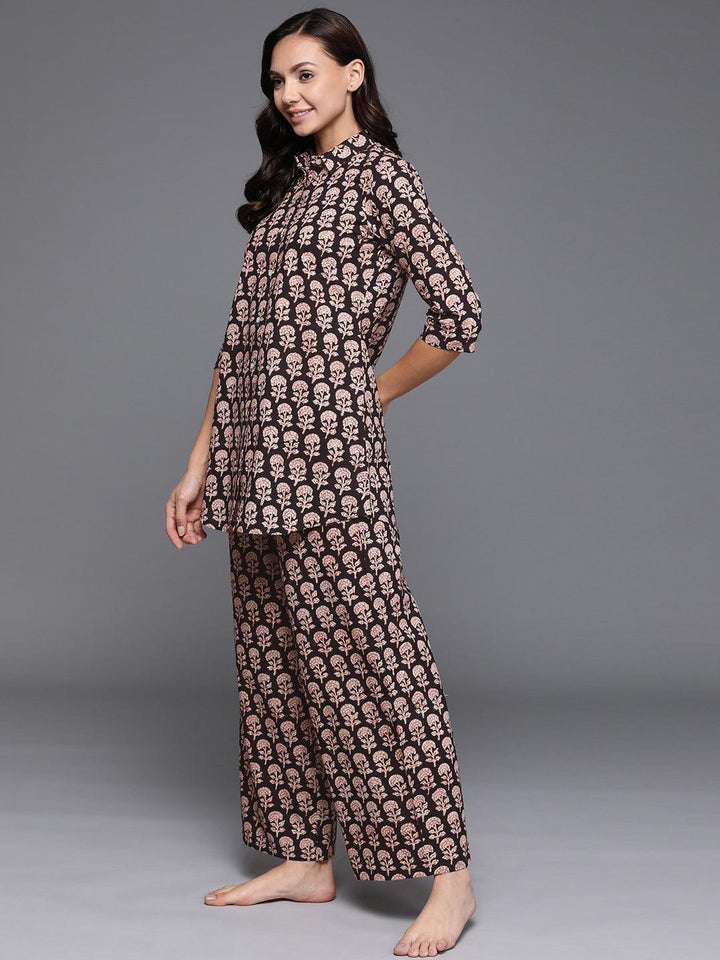 Black Printed Cotton Night Suit