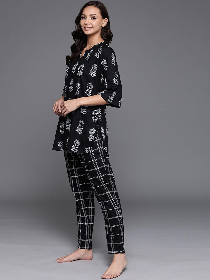 Black Printed Cotton Night Suit
