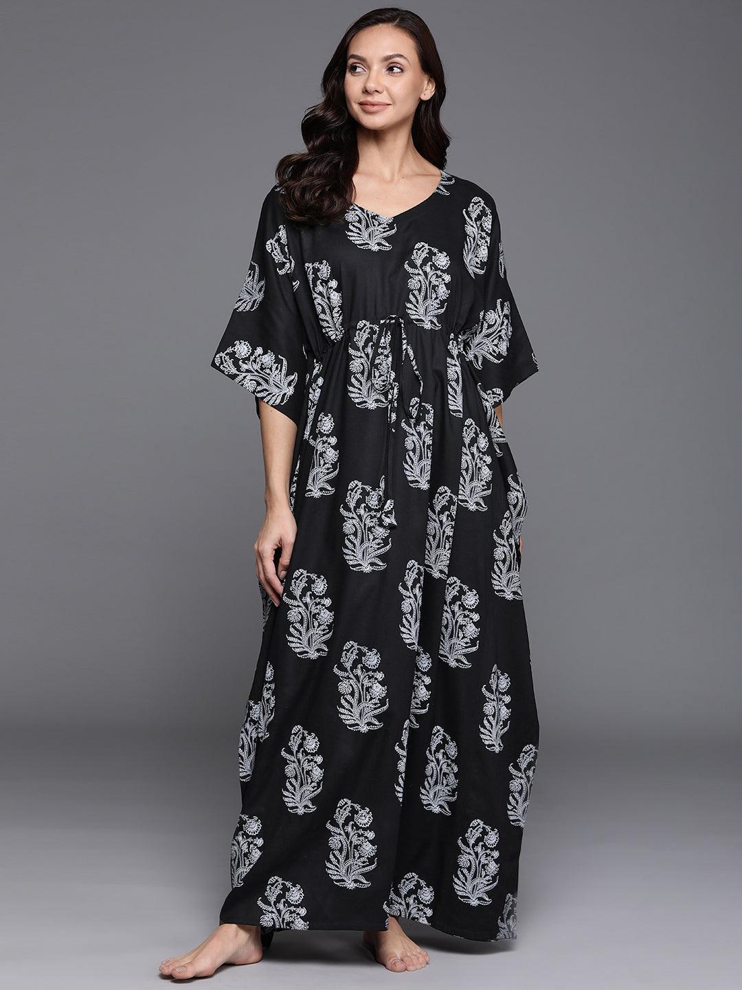 Black Printed Cotton Nightdress - ShopLibas